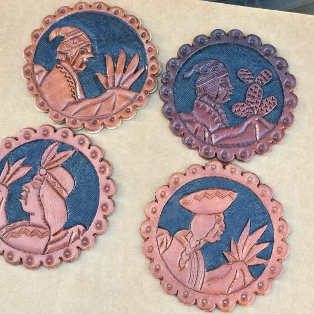 Hand‑Tooled Leather Coaster Set of 4 – Peruvian Character Designs